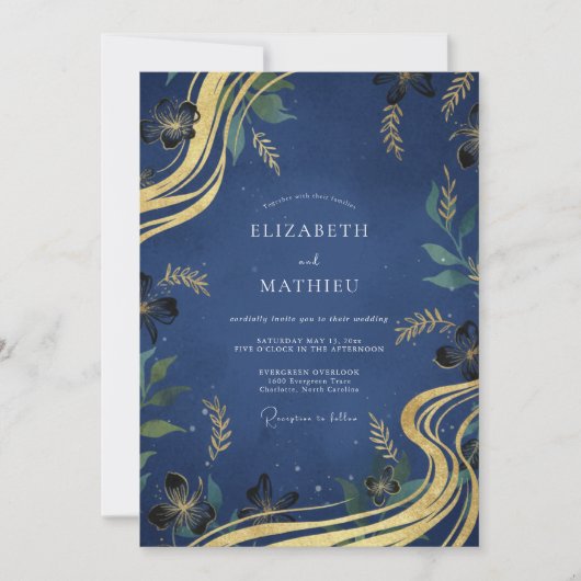 Invitation Mariage Feuille Dorée Indigo (Devant)
