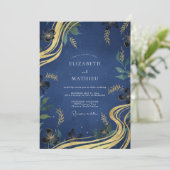 Invitation Mariage Feuille Dorée Indigo (Debout devant)
