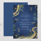 Invitation Mariage Feuille Dorée Indigo (Devant / Derrière)