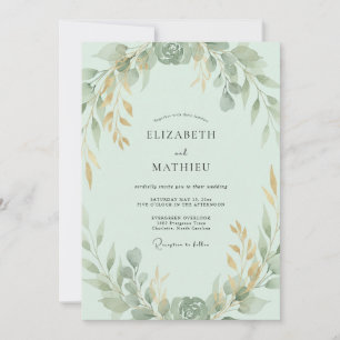 Invitation Mariage Feuille Dorée Menthe