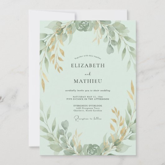 Invitation Mariage Feuille Dorée Menthe (Devant)