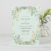 Invitation Mariage Feuille Dorée Menthe (Debout devant)
