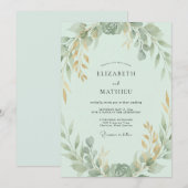 Invitation Mariage Feuille Dorée Menthe (Devant / Derrière)