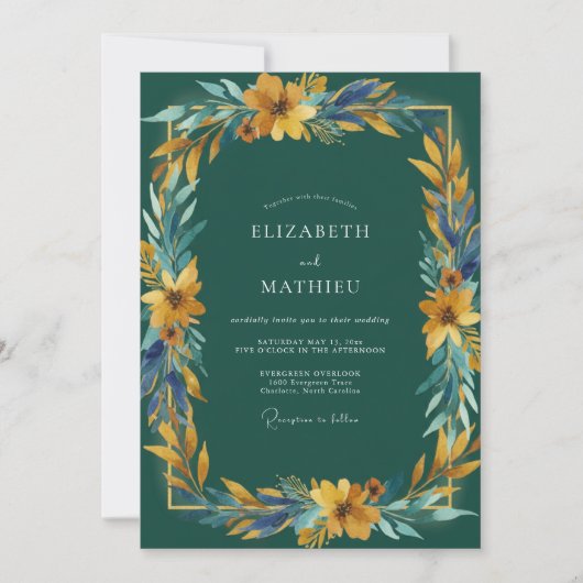 Invitation Mariage Feuille Dorée Moutarde (Devant)