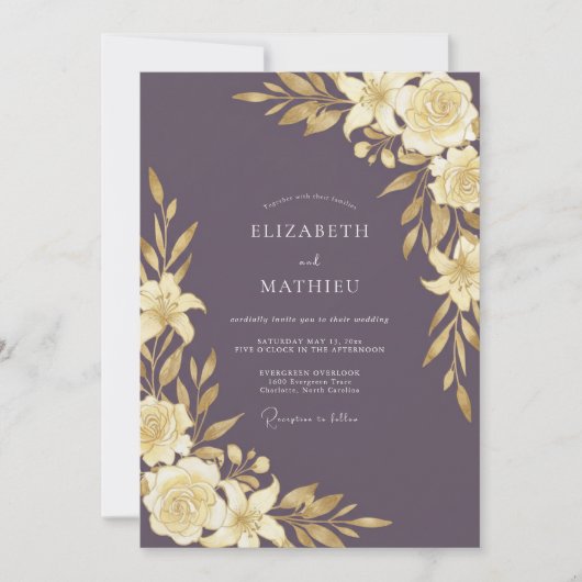 Invitation Mariage Feuille Dorée prune (Devant)