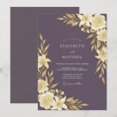 Invitation Mariage Feuille Dorée prune (Devant / Derrière)