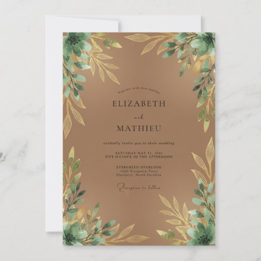 Invitation Mariage Feuille Dorée Tan (Devant)