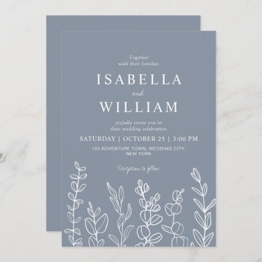 Invitation Mariage Feuille Dusty Blue Eucalyptus (Devant / Derrière)