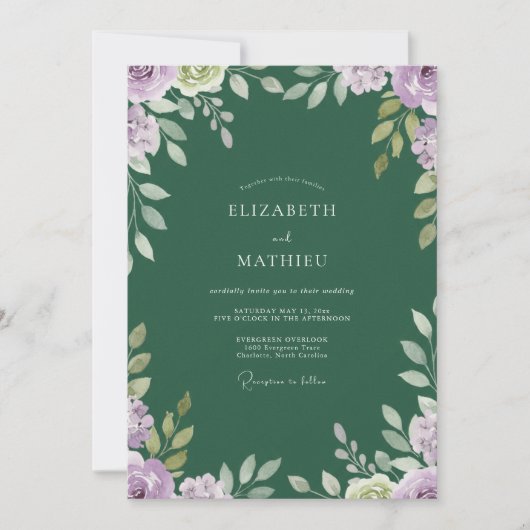 Invitation Mariage Feuille Émeraude Améthyste (Devant)
