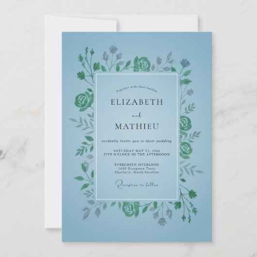 Invitation Mariage feuille émeraude azur (Devant)