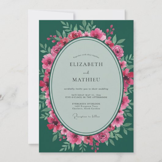 Invitation Mariage Feuille Émeraude Magenta (Devant)