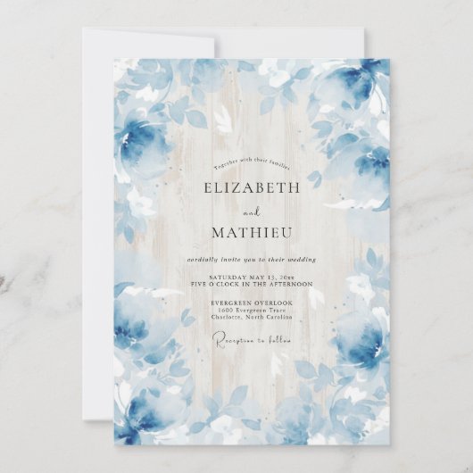 Invitation Mariage feuille éthérée azur (Devant)