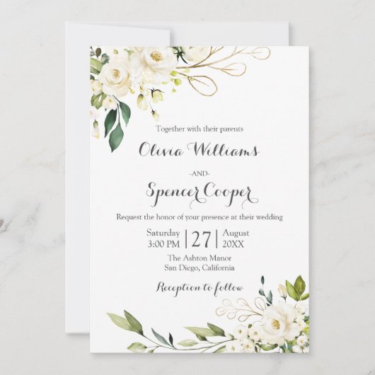 Invitation Mariage Feuille Floral Rose Blanc vert (Devant)