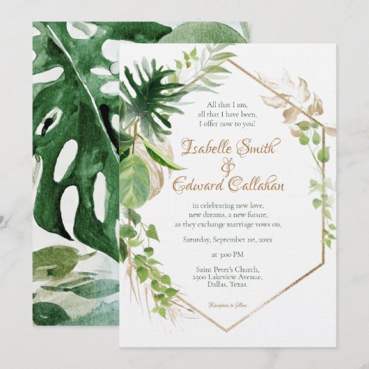Invitation Mariage Feuille Géométrique Gold Tropical Green Pa (Devant / Derrière)
