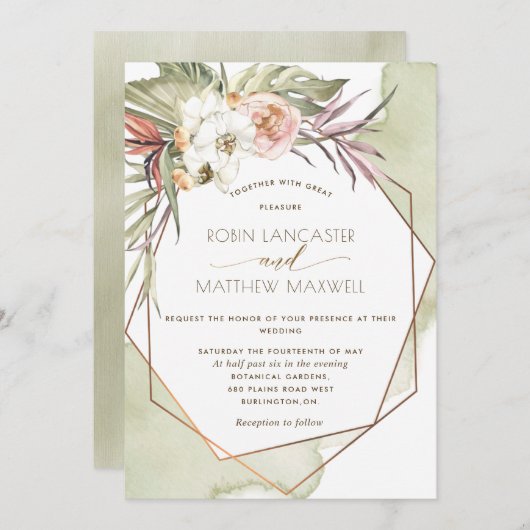 Invitation Mariage Feuille géométrique vert tropical (Devant / Derrière)