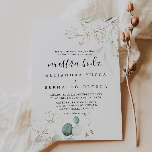 Invitation Mariage Feuille Gold Green Nuestra Boda