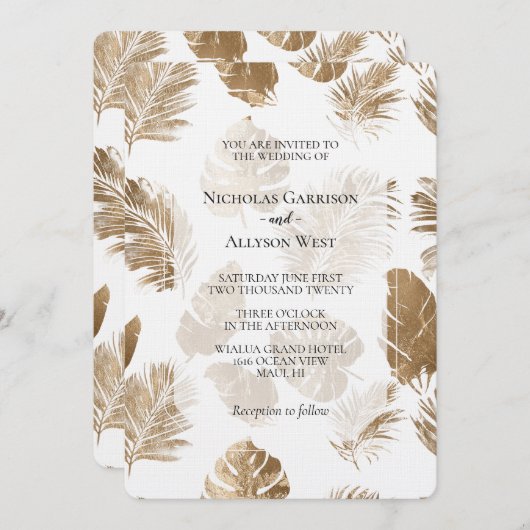 Invitation Mariage Feuille Gold Tropical (Devant / Derrière)