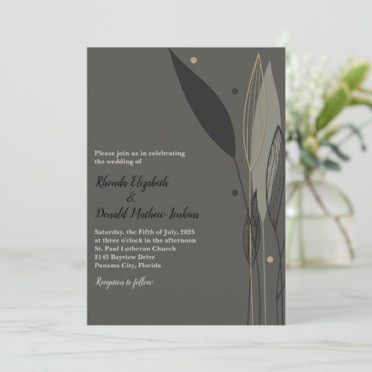 Invitation Mariage Feuille gris moderne (Debout devant)