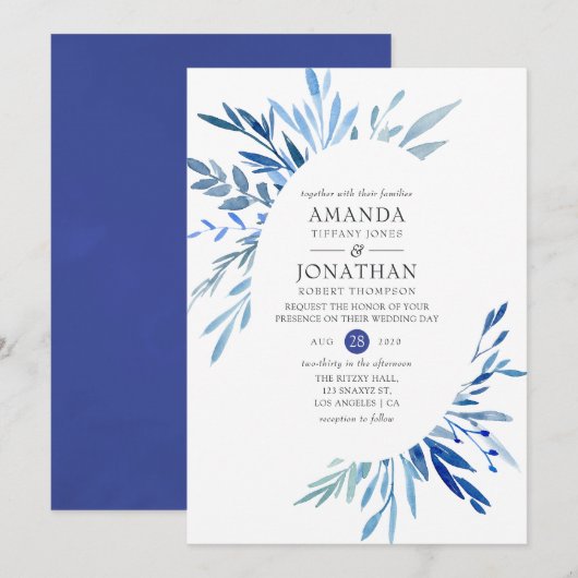 Invitation Mariage Feuille Indigo de la marine Watercolor (Devant / Derrière)