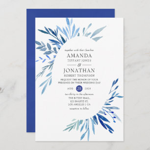 Invitation Mariage Feuille Indigo de la marine Watercolor