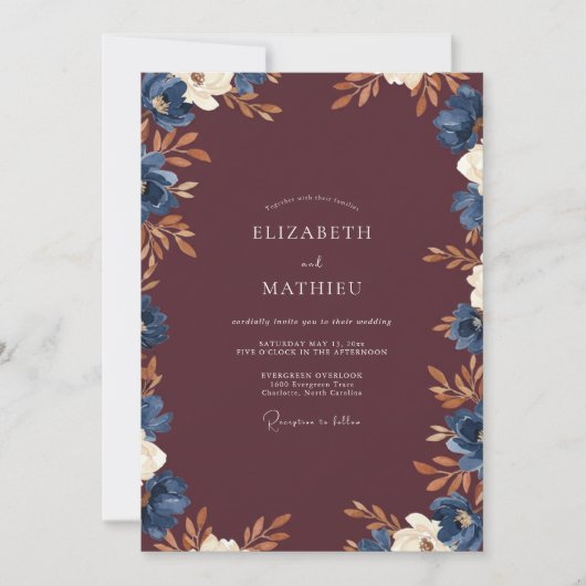 Invitation Mariage Feuille Indigo Vin (Devant)