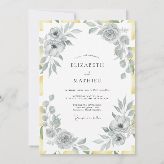 Invitation Mariage Feuille Jaune Argenté (Devant)