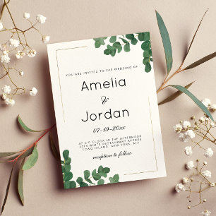 Invitation Mariage feuille luxueux d'eucalyptus vert or blanc