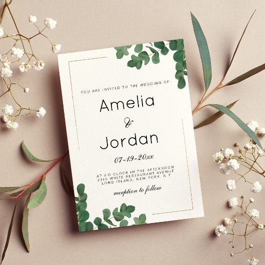 Invitation Mariage feuille luxueux d'eucalyptus vert or blanc