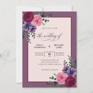 Invitation Mariage feuille magenta améthyste