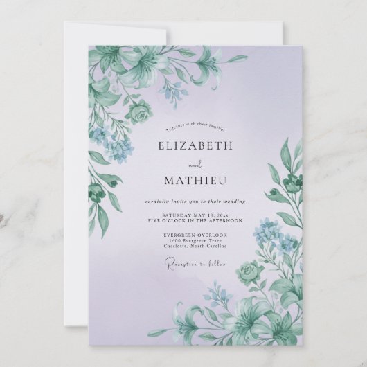 Invitation Mariage Feuille Mauve Menthe (Devant)