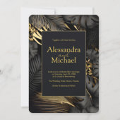 Invitation Mariage Feuille moderne Black Gold Tropical (Devant)