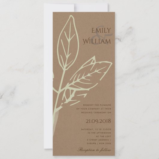 INVITATION MARIAGE FEUILLE MODERNE CONTEMPORAIN KRAFT (Devant)