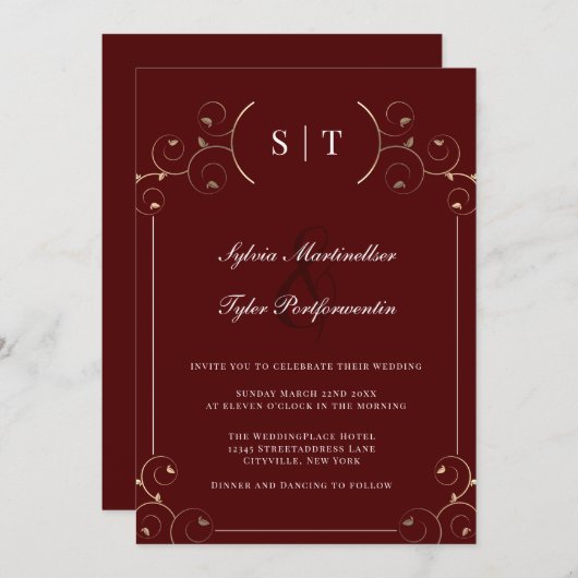 Invitation Mariage Feuille Monogram Burgundy Gold (Devant / Derrière)