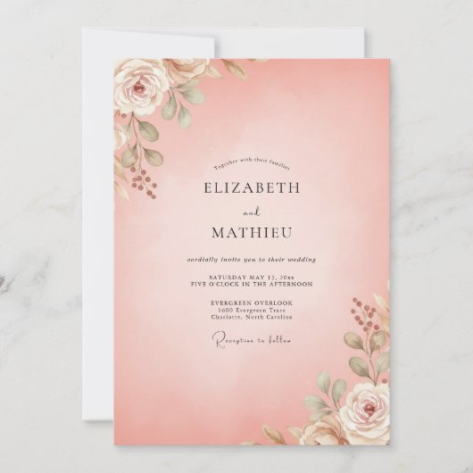 Invitation Mariage Feuille Peinte de Corail Rosé (Devant)