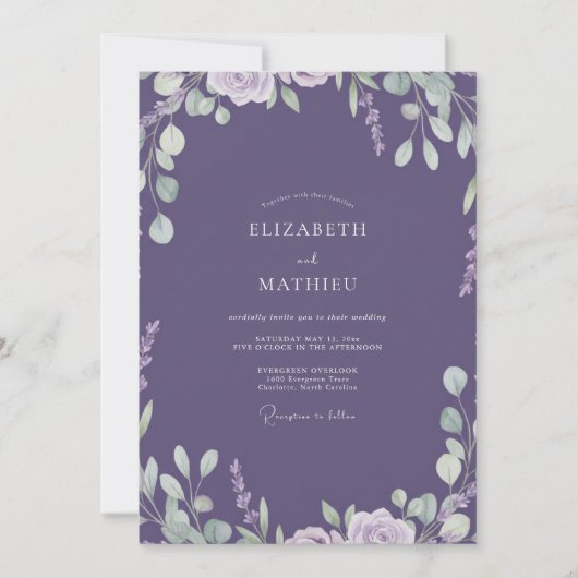 Invitation Mariage Feuille Peinte de Lavande (Devant)
