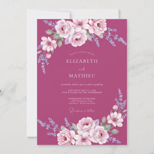 Invitation Mariage Feuille Peinte en Magenta (Devant)