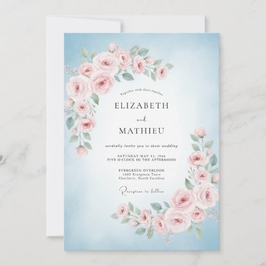 Invitation Mariage Feuille Rose Ciel (Devant)