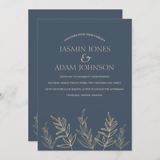 Invitation Mariage Feuille Royal Blue Opulence Gold (Devant / Derrière)