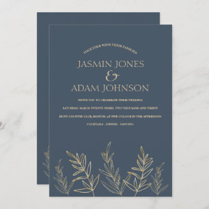 Invitation Mariage Feuille Royal Blue Opulence Gold