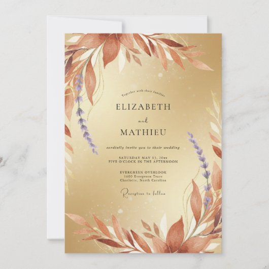 Invitation Mariage feuille séchée or terracotta (Devant)