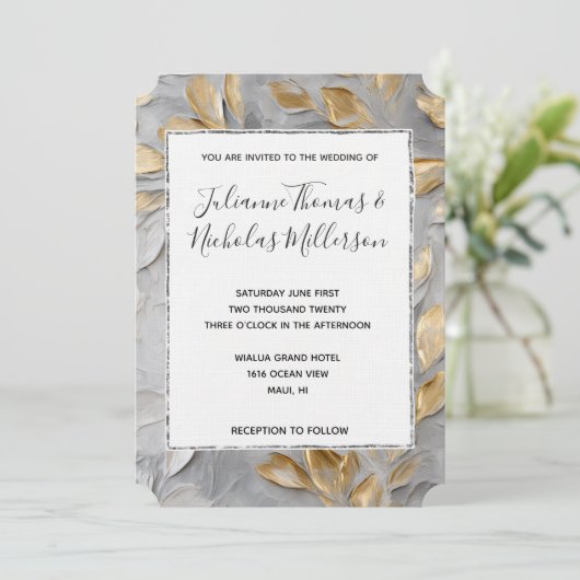 Invitation Mariage Feuille Silver Grey Gold (Debout devant)