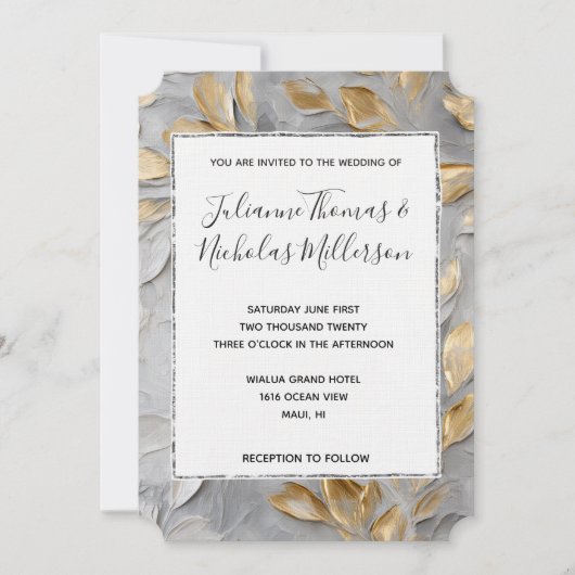 Invitation Mariage Feuille Silver Grey Gold (Devant)