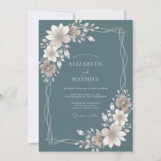 Invitation Mariage Feuille Taupe Acier (Devant)