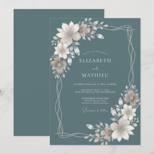 Invitation Mariage Feuille Taupe Acier (Devant / Derrière)