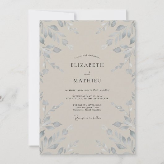 Invitation Mariage feuille taupe argentée (Devant)