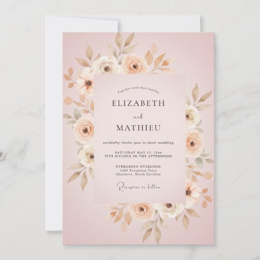 Invitation Mariage Feuille Taupe Rosée (Devant)
