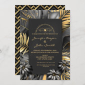 Invitation Mariage Feuille Tropical Black Silver and Gold Pal (Devant / Derrière)