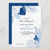 Invitation Mariage Feuille Tropical Bleu Et Blanc (Devant / Derrière)