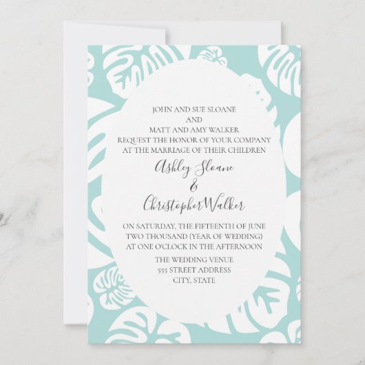 Invitation Mariage Feuille Tropical bleu et blanc doux (Devant)