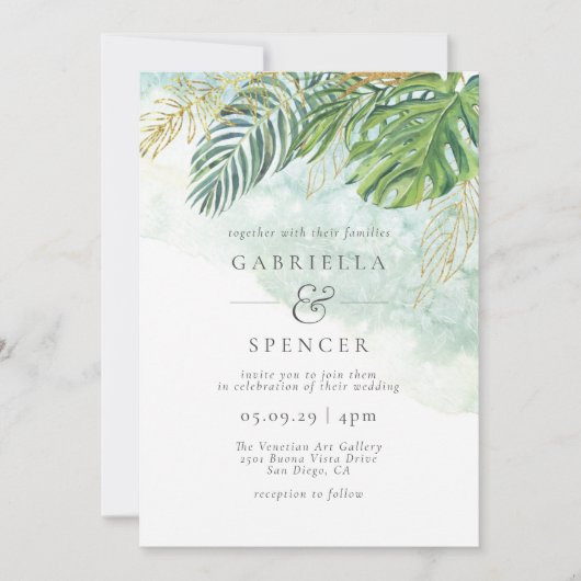 Invitation Mariage Feuille Tropical Green Gold (Devant)